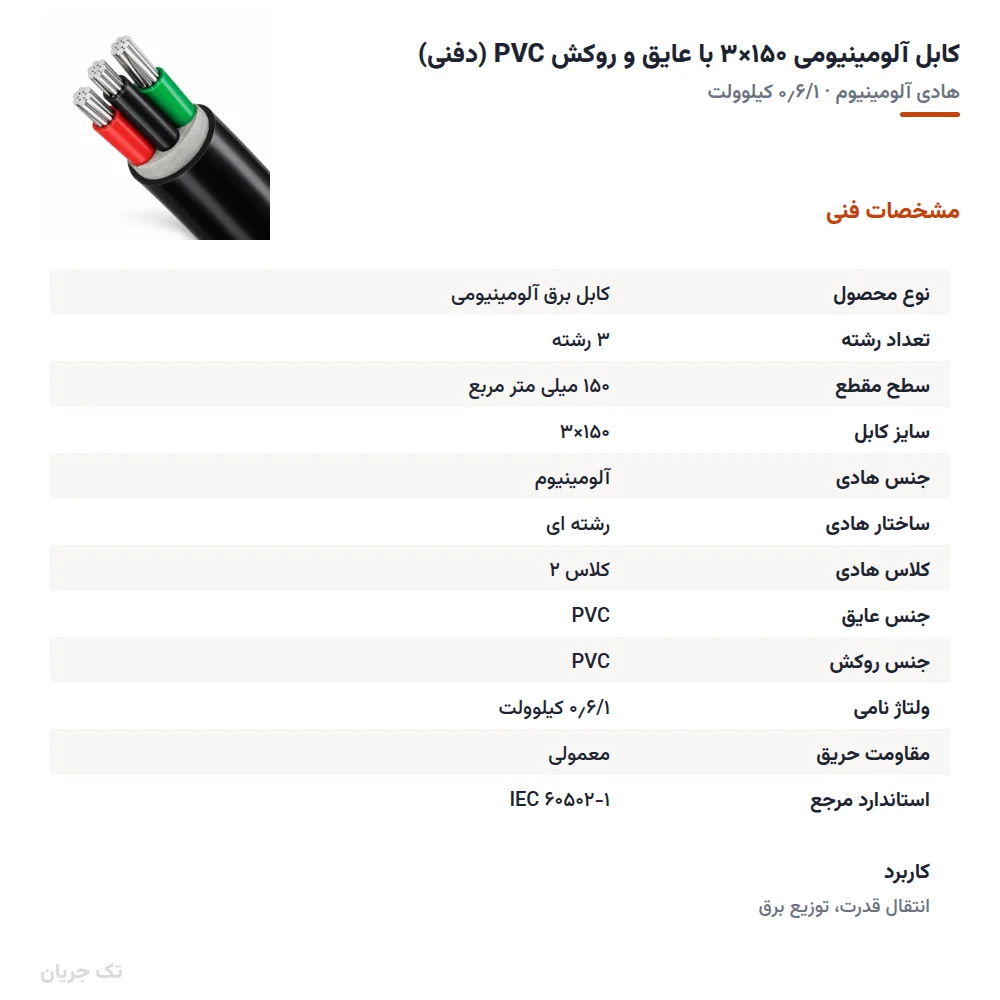 کابل آلومینیومی ۱۵۰×۳ با عایق و روکش PVC (دفنی)