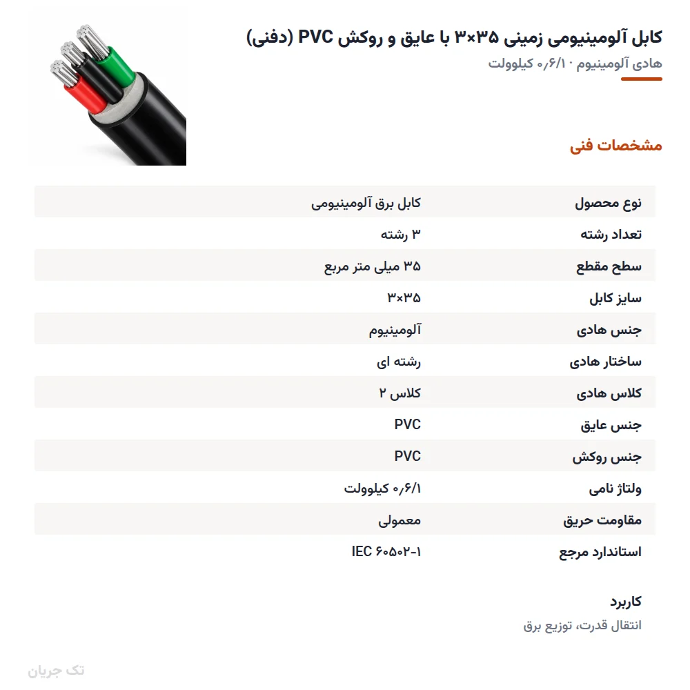 کابل آلومینیومی زمینی ۳۵×۳ با عایق و روکش PVC (دفنی)