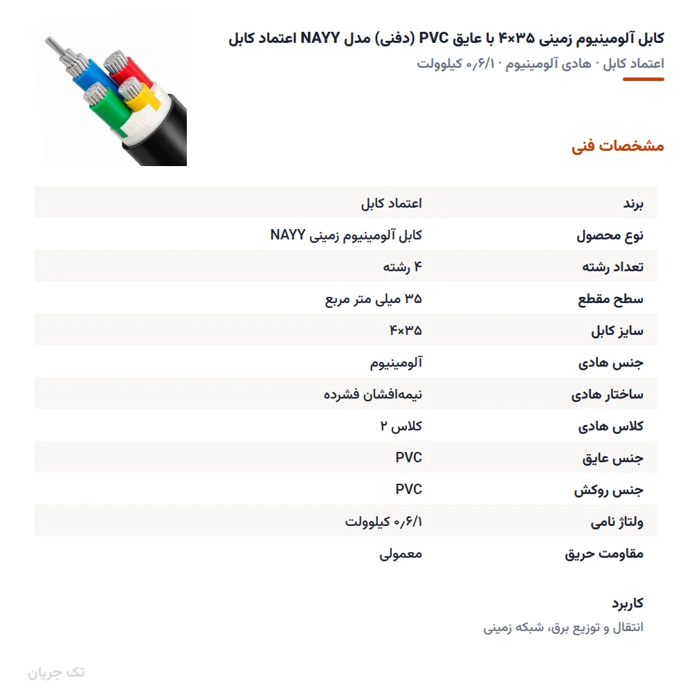 کابل آلومینیوم زمینی ۳۵×۴ با عایق PVC (دفنی) مدل NAYY اعتماد کابل