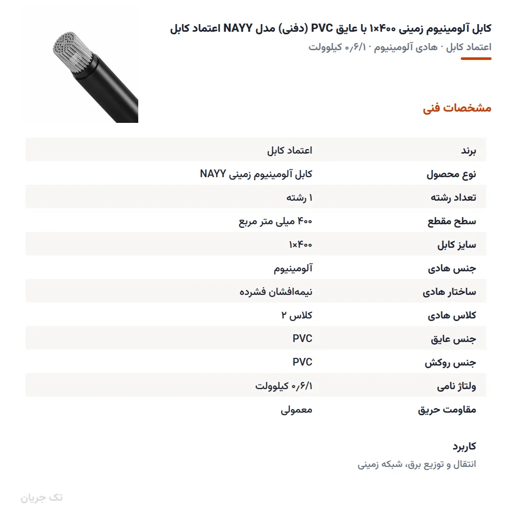 کابل آلومینیوم زمینی ۴۰۰×۱ با عایق PVC (دفنی) مدل NAYY اعتماد کابل