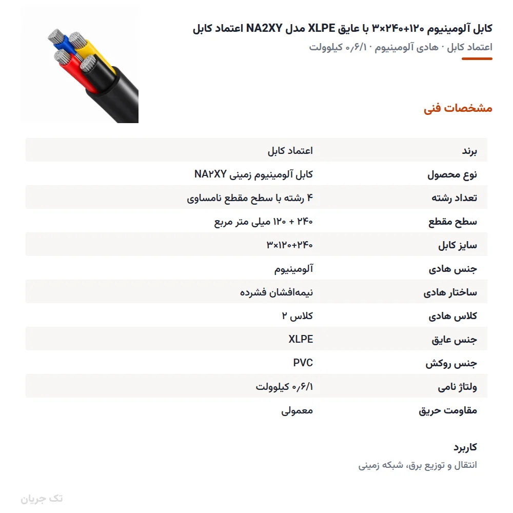کابل آلومینیوم ۱۲۰+۲۴۰×۳ با عایق XLPE مدل NA2XY اعتماد کابل