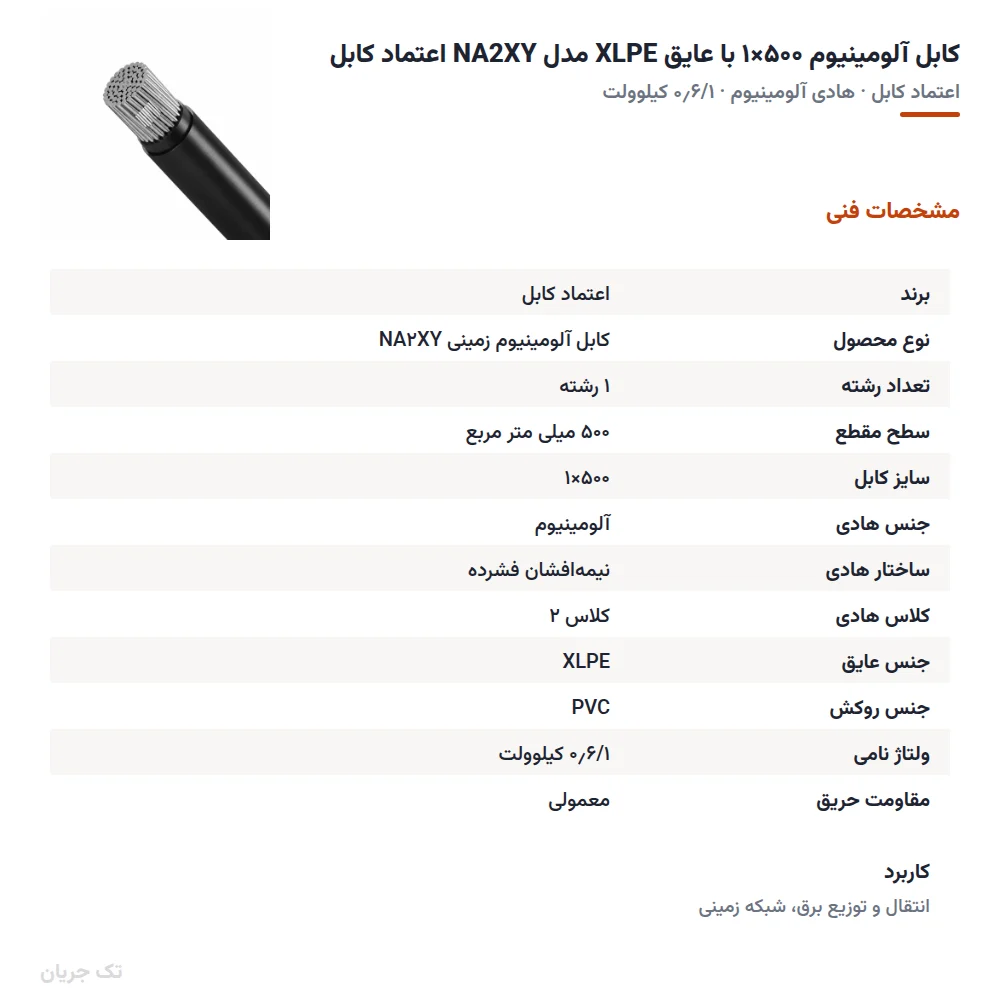 کابل آلومینیوم ۵۰۰×۱ با عایق XLPE مدل NA2XY اعتماد کابل