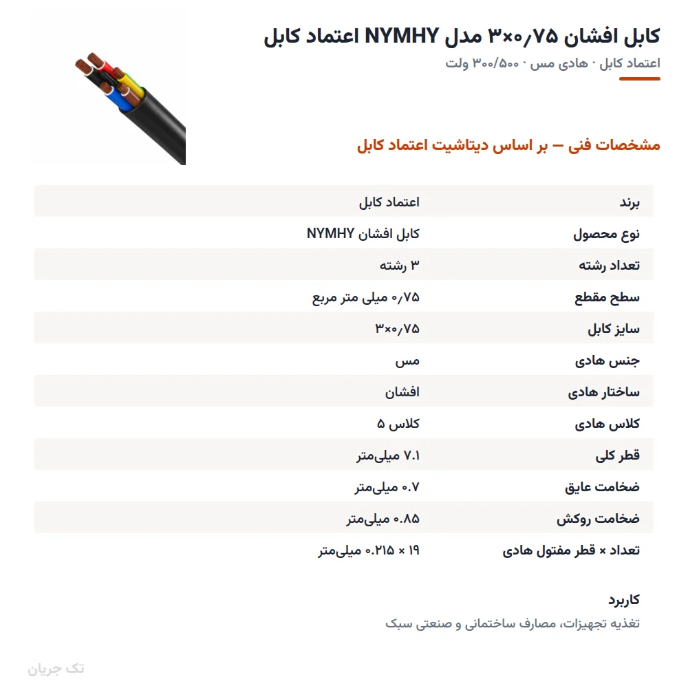 کابل افشان ۰٫۷۵×۳ مدل NYMHY اعتماد کابل