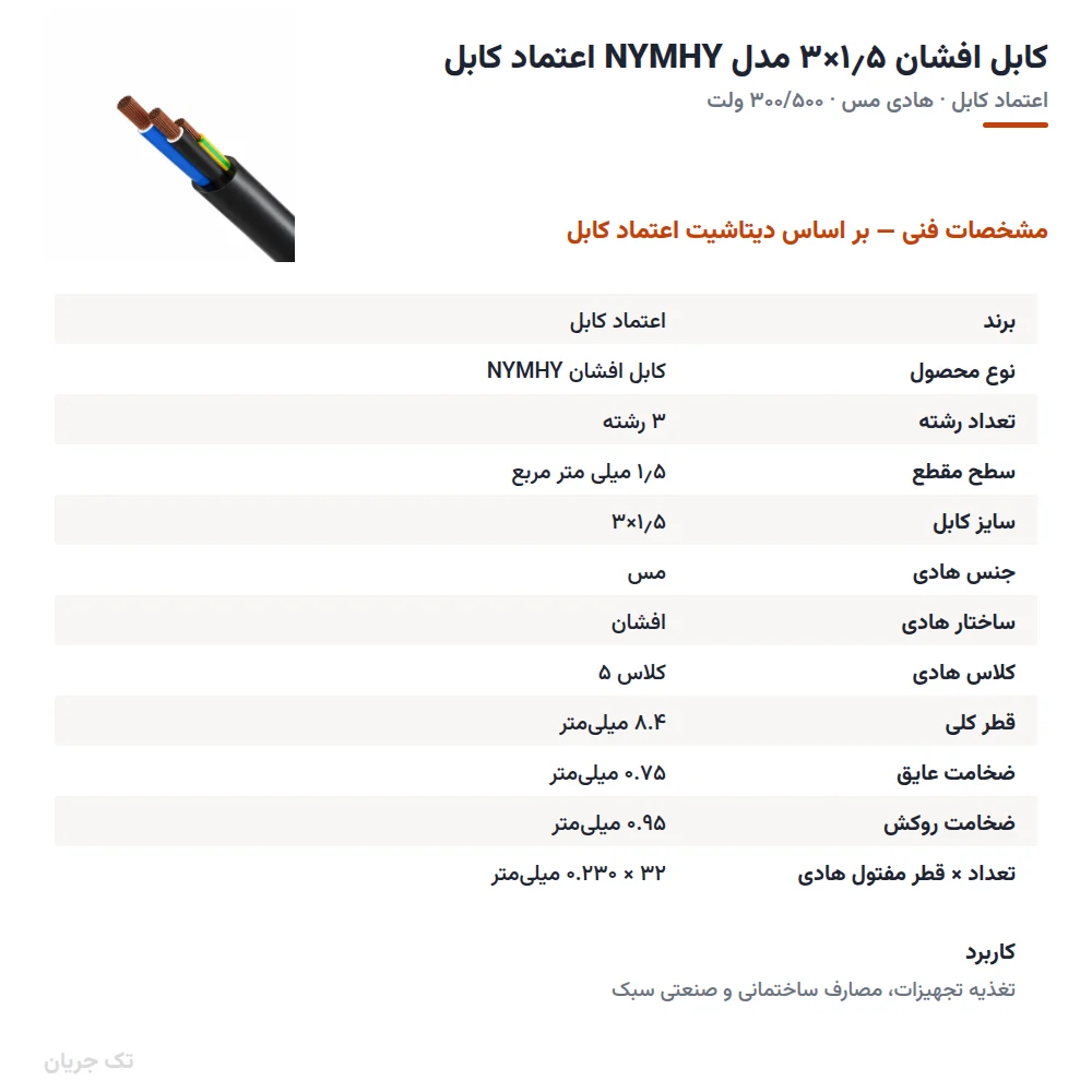 کابل افشان ۱٫۵×۳ مدل NYMHY اعتماد کابل