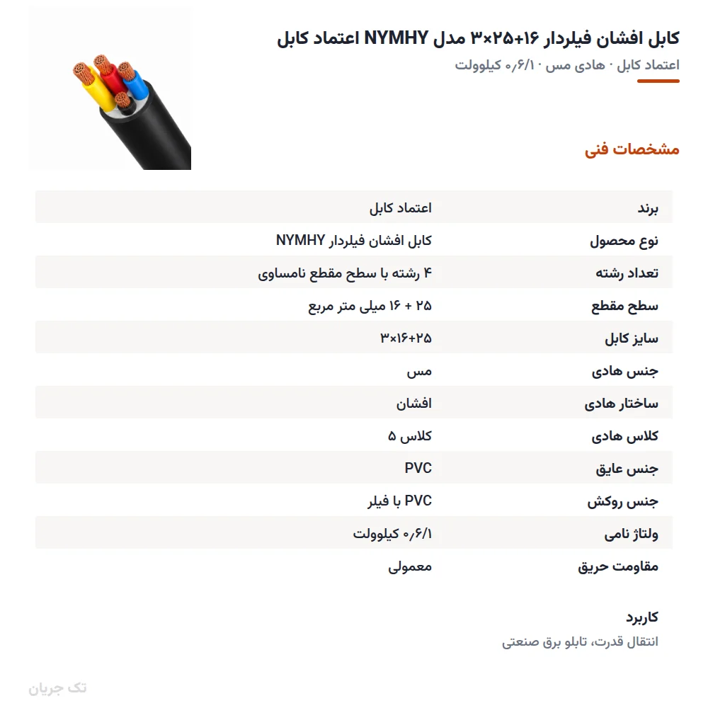 کابل افشان فیلردار ۱۶+۲۵×۳ مدل NYMHY اعتماد کابل