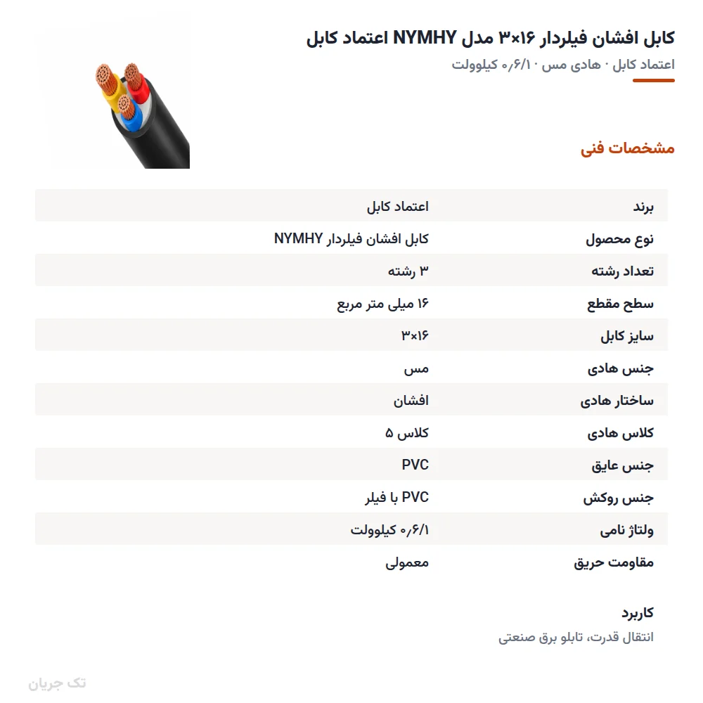 کابل افشان فیلردار ۱۶×۳ مدل NYMHY اعتماد کابل