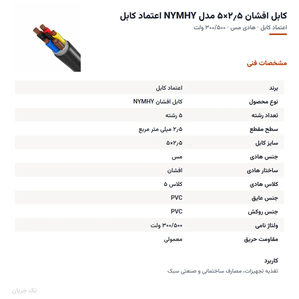 کابل افشان ۲٫۵×۵ مدل NYMHY اعتماد کابل