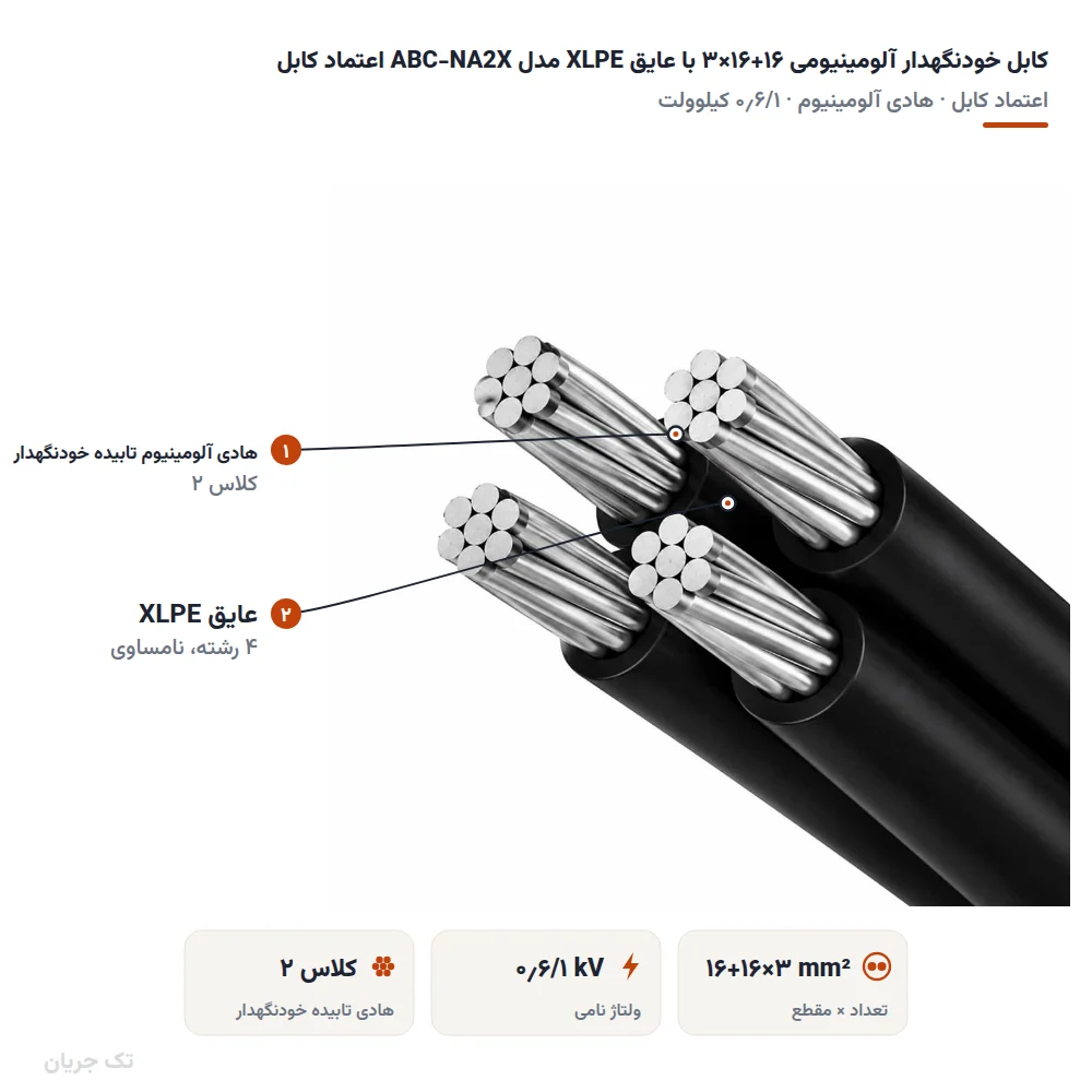 کابل خودنگهدار آلومینیومی ۱۶+۱۶×۳ با عایق XLPE مدل ABC-NA2X اعتماد کابل