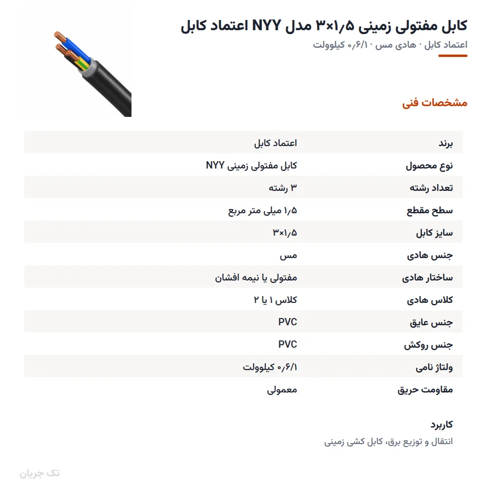 کابل مفتولی زمینی ۱٫۵×۳ مدل NYY اعتماد کابل