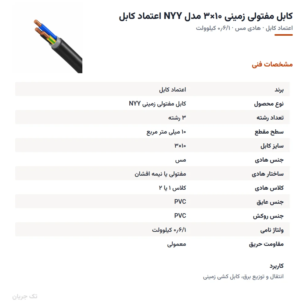 کابل مفتولی زمینی ۱۰×۳ مدل NYY اعتماد کابل