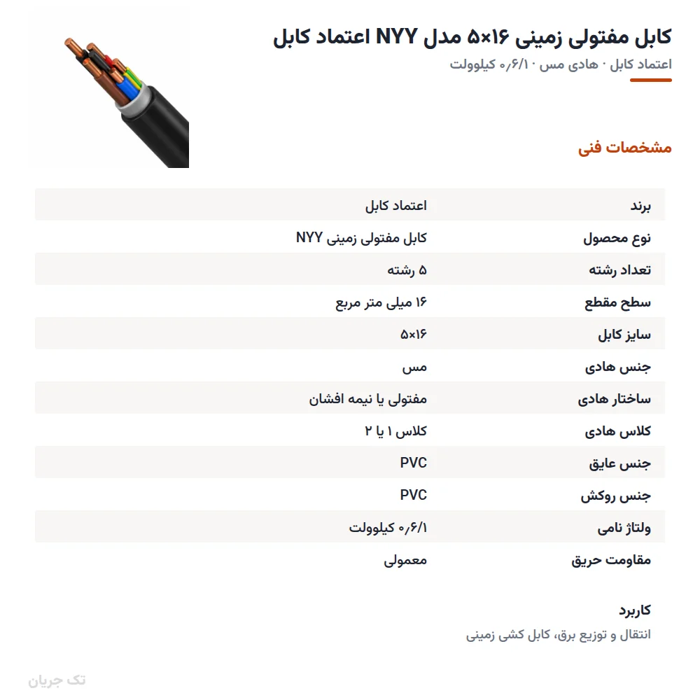 کابل مفتولی زمینی ۱۶×۵ مدل NYY اعتماد کابل