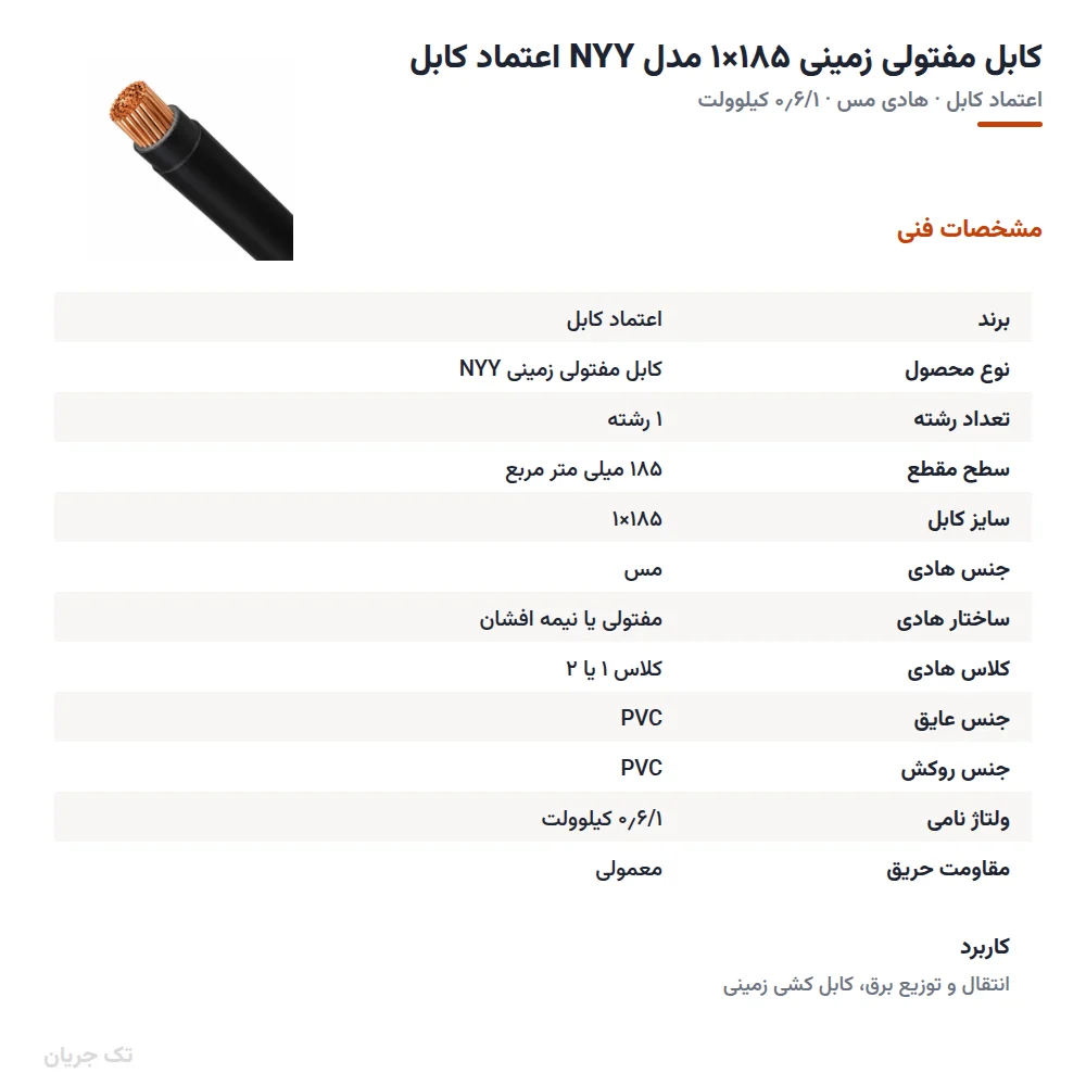 کابل مفتولی زمینی ۱۸۵×۱ مدل NYY اعتماد کابل