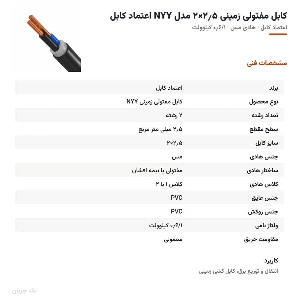 کابل مفتولی زمینی ۲٫۵×۲ مدل NYY اعتماد کابل