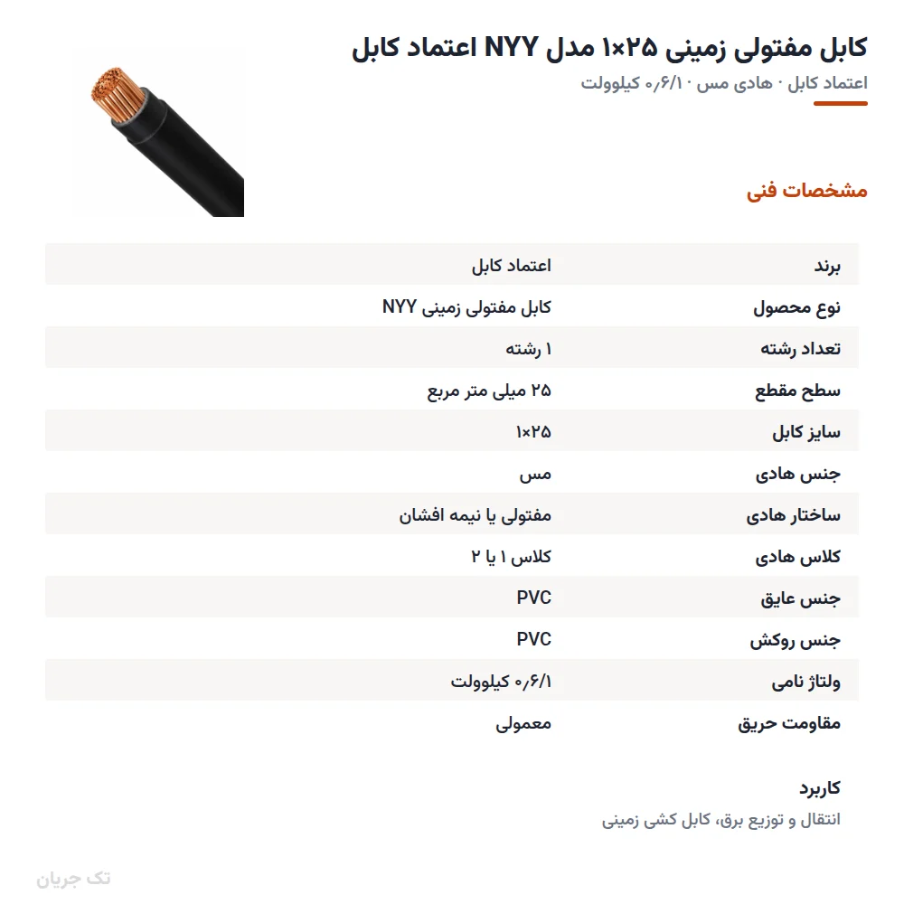 کابل مفتولی زمینی ۲۵×۱ مدل NYY اعتماد کابل