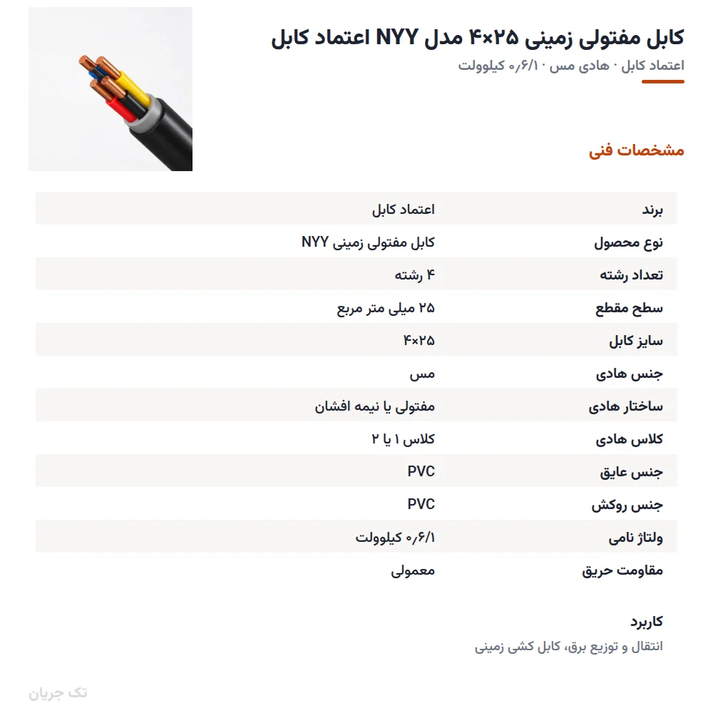 کابل مفتولی زمینی ۲۵×۴ مدل NYY اعتماد کابل