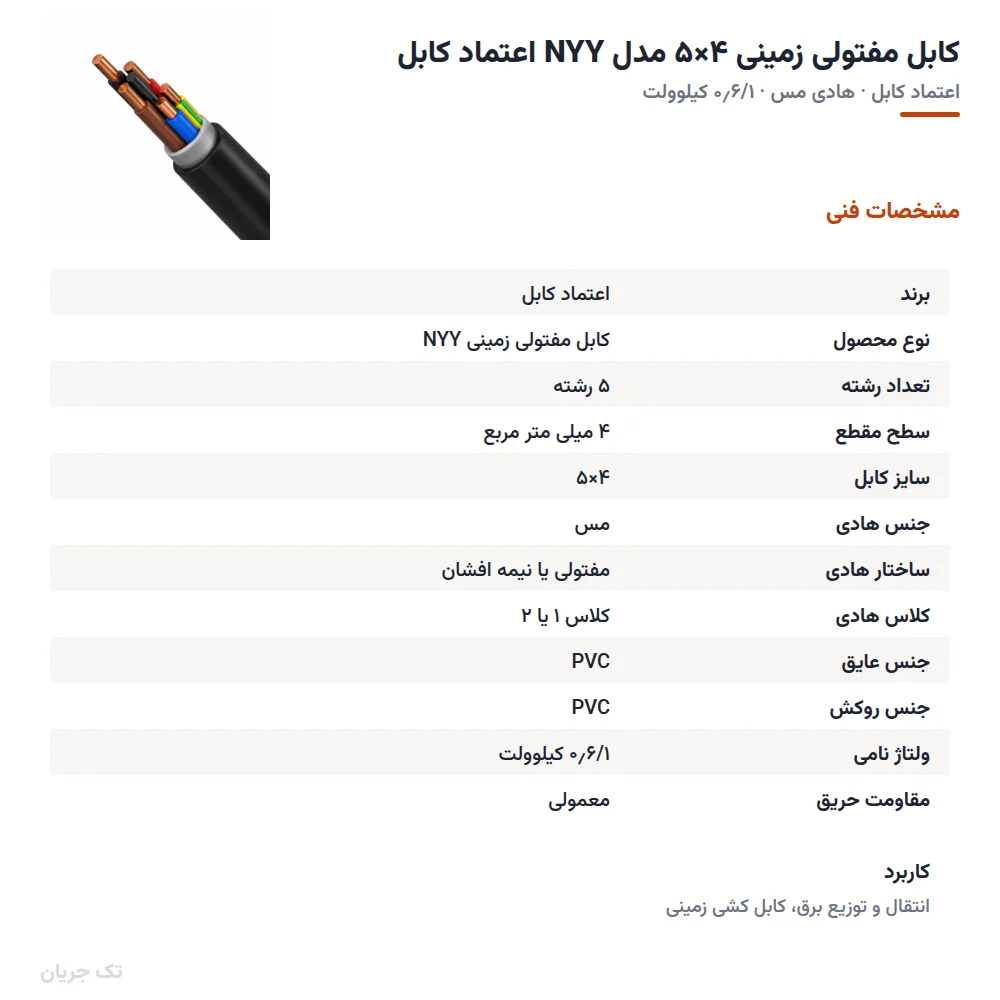 کابل مفتولی زمینی ۴×۵ مدل NYY اعتماد کابل