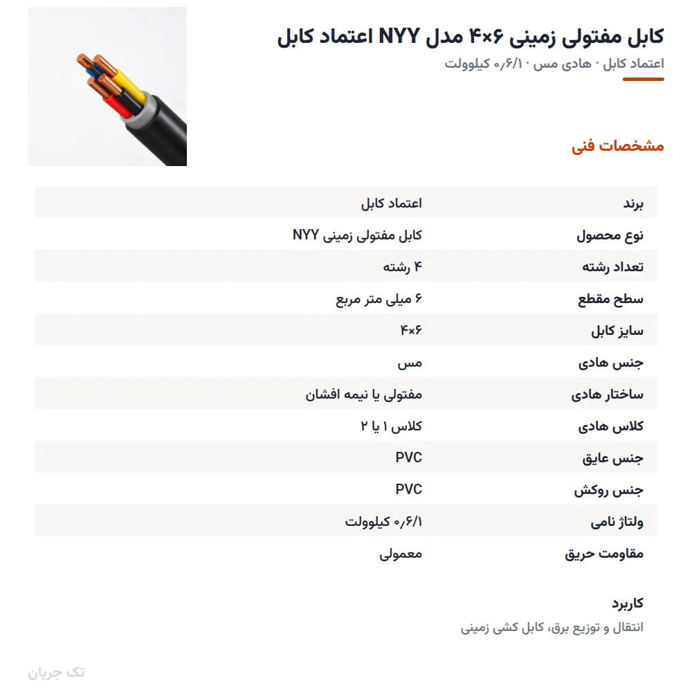 کابل مفتولی زمینی ۶×۴ مدل NYY اعتماد کابل