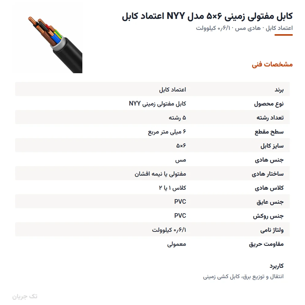 کابل مفتولی زمینی ۶×۵ مدل NYY اعتماد کابل