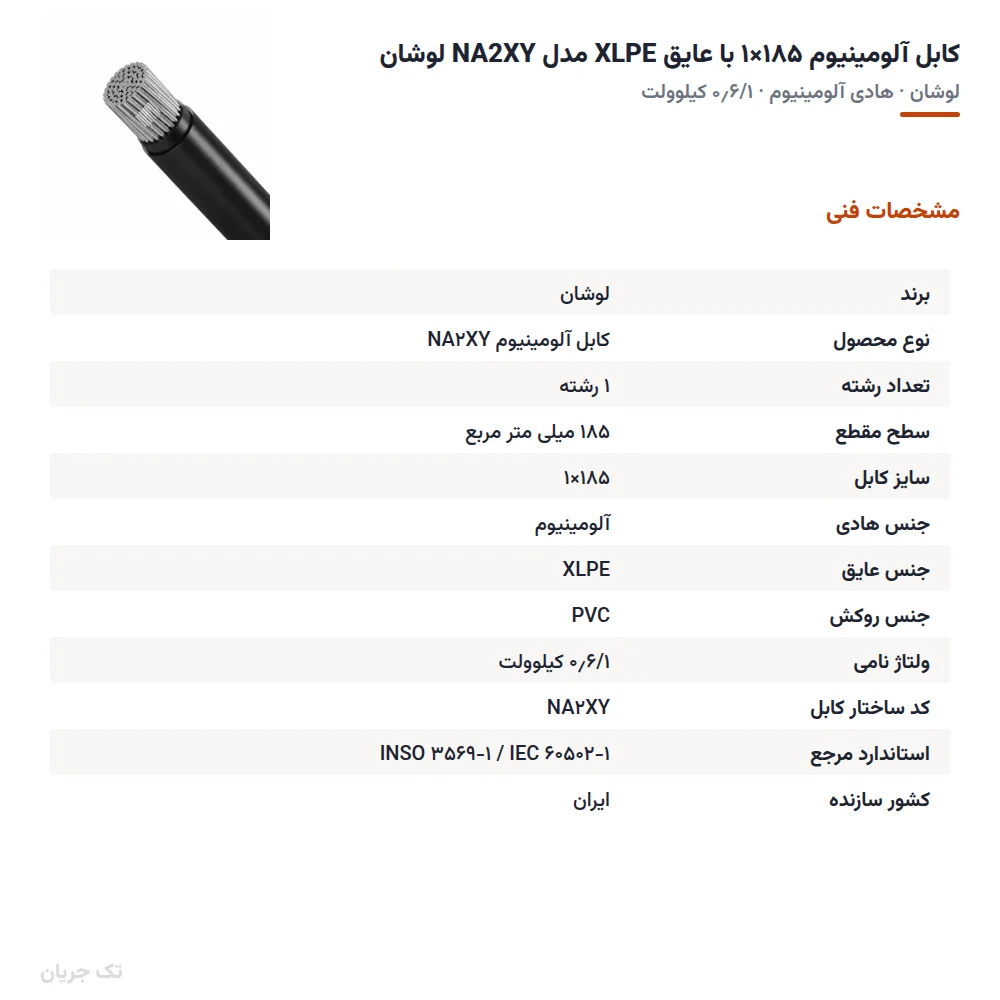 کابل آلومینیوم ۱۸۵×۱ با عایق XLPE مدل NA2XY لوشان
