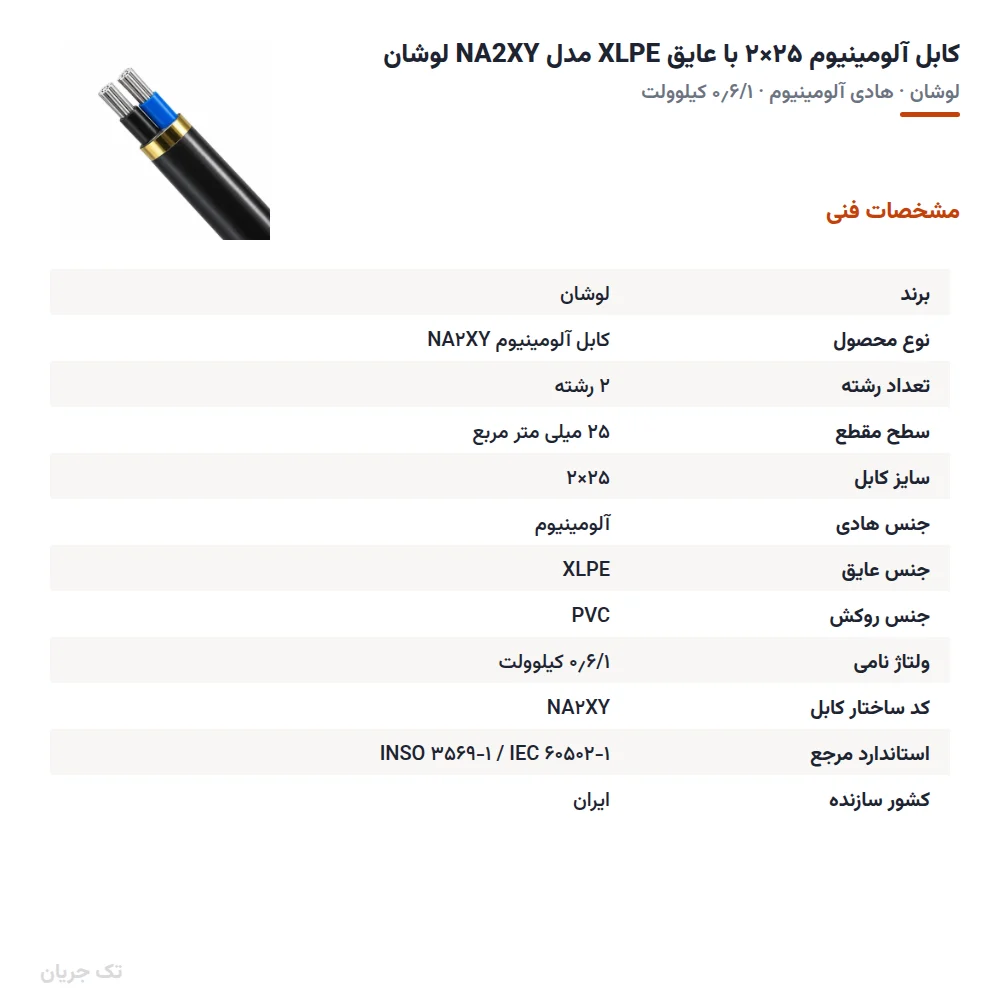کابل آلومینیوم ۲۵×۲ با عایق XLPE مدل NA2XY لوشان