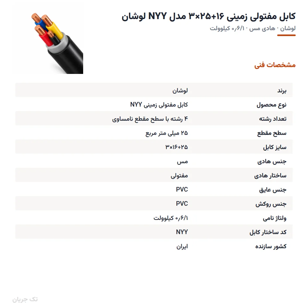کابل مفتولی زمینی ۱۶+۲۵×۳ مدل NYY لوشان