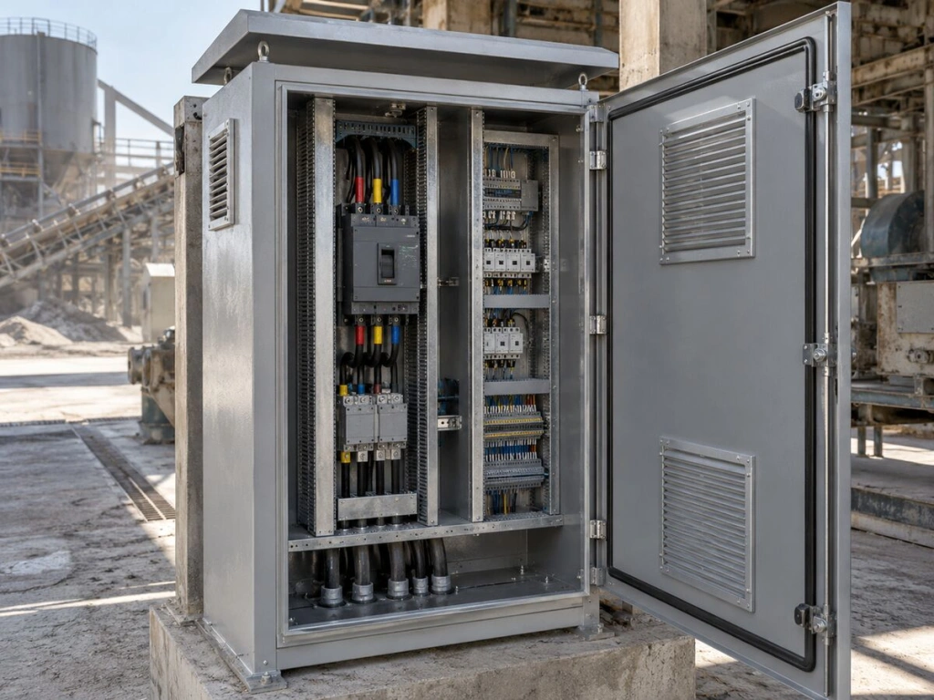 بدنه مقاوم تابلو برق صنعتی با درزگیر، تهویه و جداسازی داخلی در محیط کارخانه